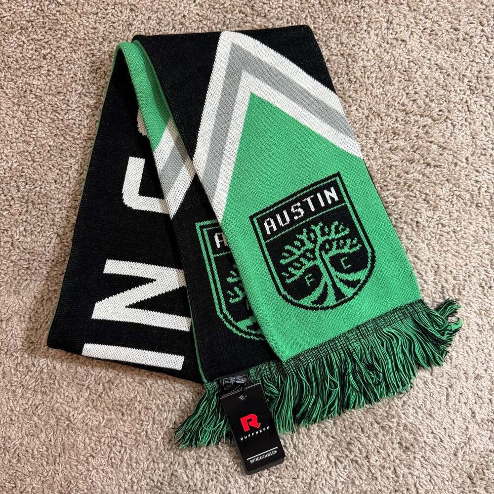 Austin FC MLS Soccer Scarf Ruffneck Scarves NWT Double Sided Green Black